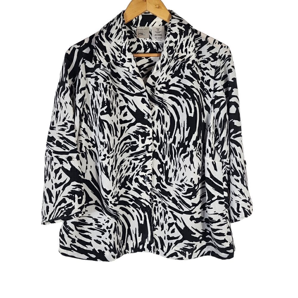 JMS Just My Size Black & White Animal Print Button Down Blouse Top 1x